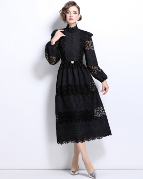 Lace pearl slim belt hollow splice dress for women