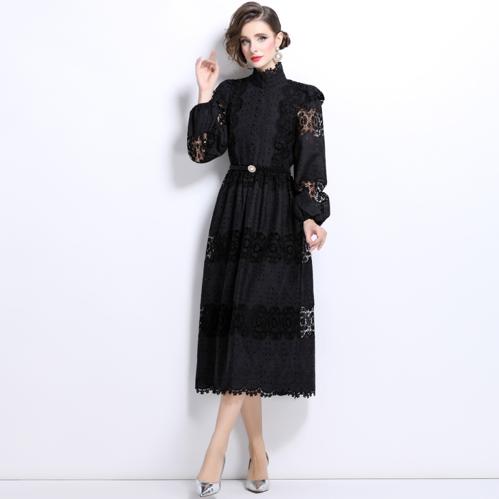 Lace pearl slim belt hollow splice dress for women