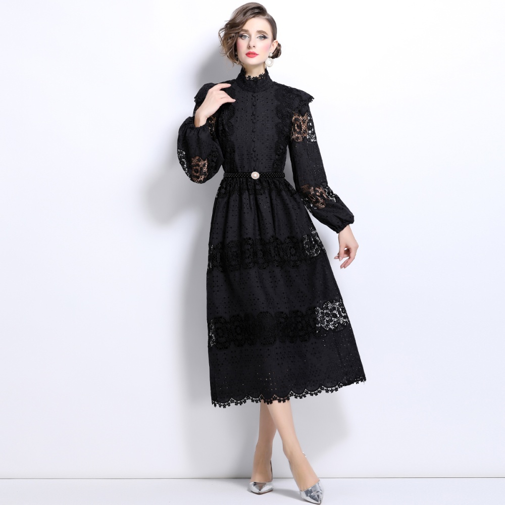 Lace pearl slim belt hollow splice dress for women