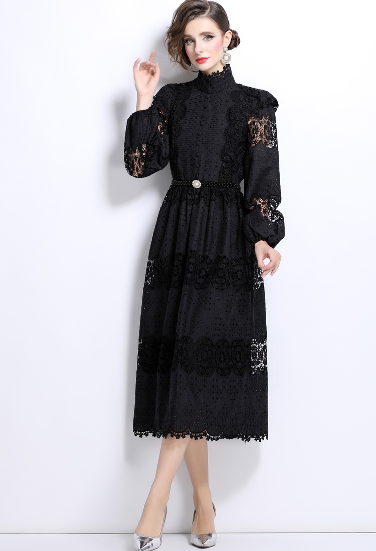 Lace pearl slim belt hollow splice dress for women