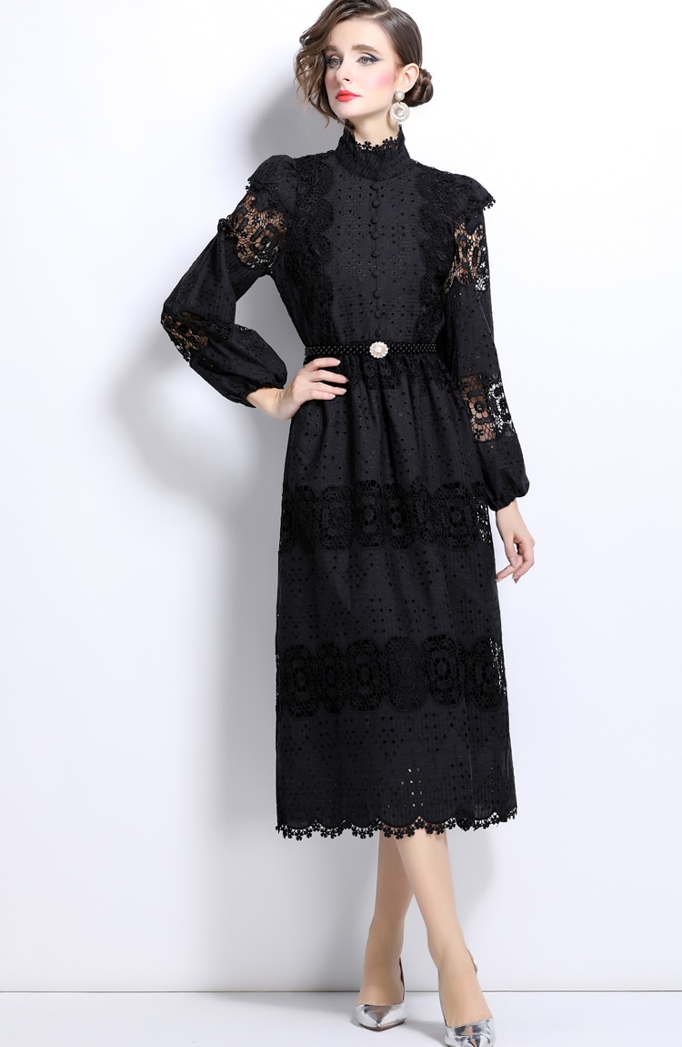 Lace pearl slim belt hollow splice dress for women