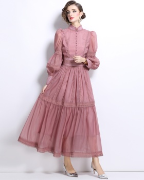 Organza autumn puff sleeve long pinched waist slim dress