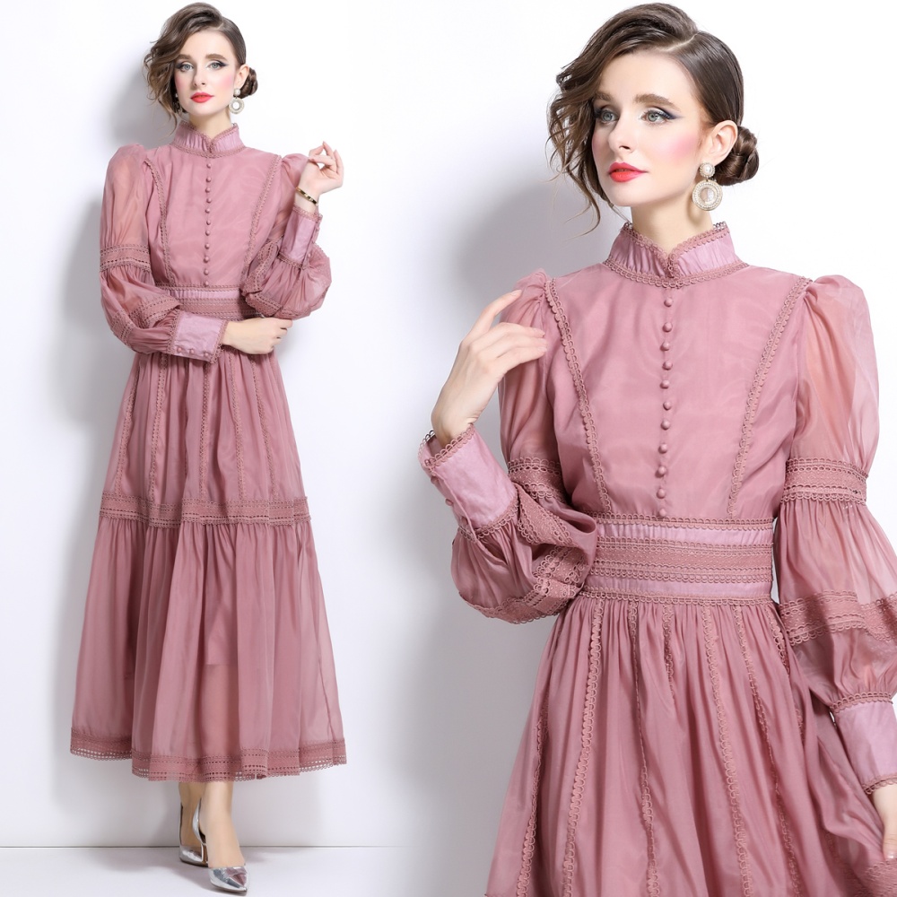 Organza autumn puff sleeve long pinched waist slim dress