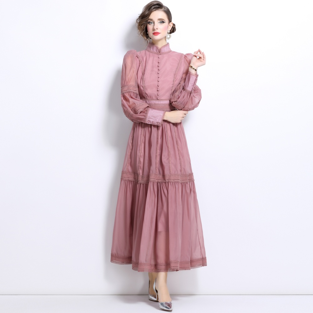 Organza autumn puff sleeve long pinched waist slim dress