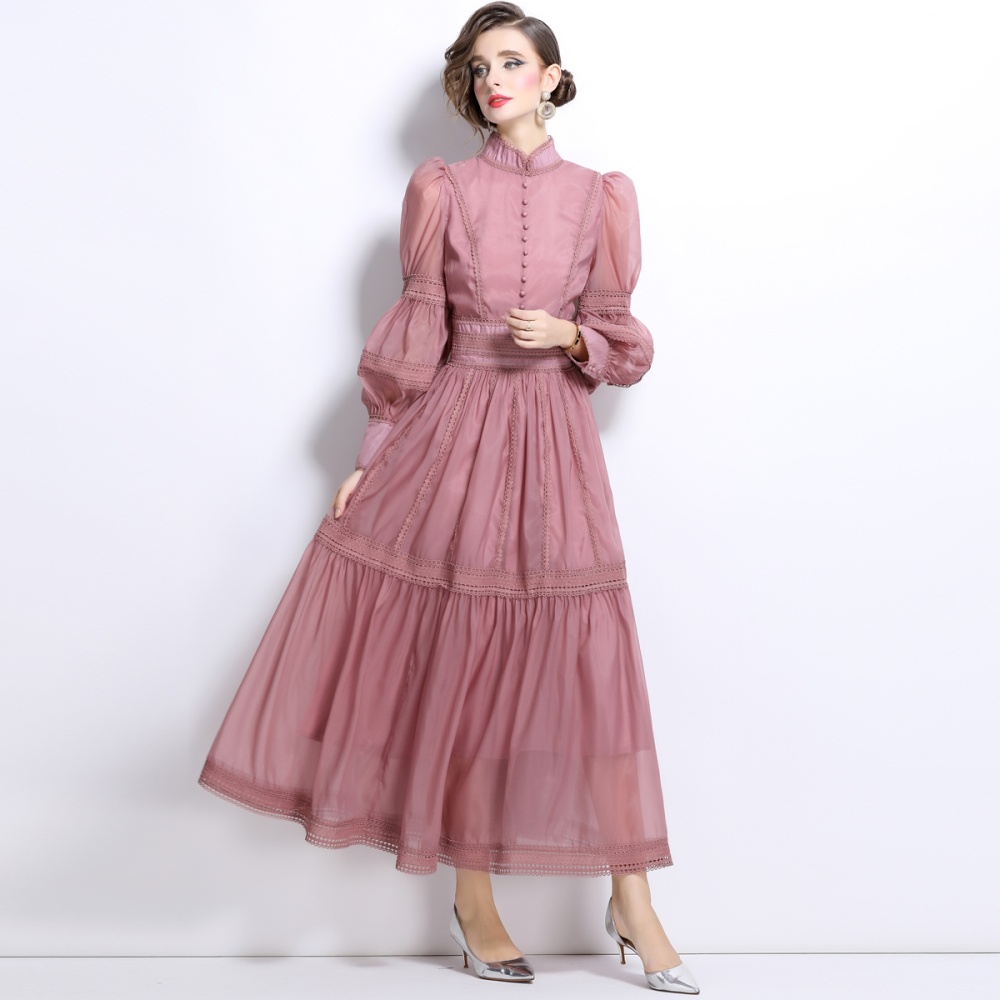 Organza autumn puff sleeve long pinched waist slim dress