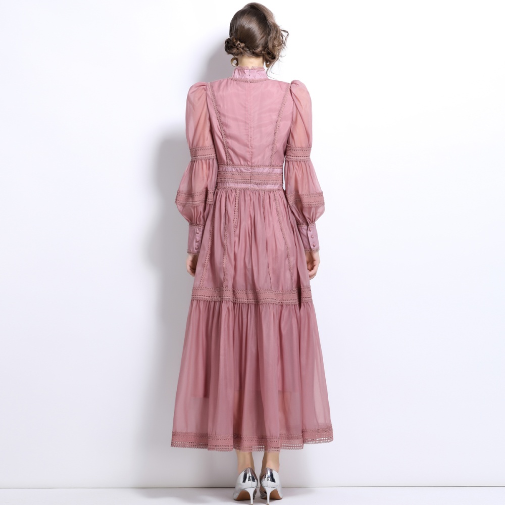 Organza autumn puff sleeve long pinched waist slim dress