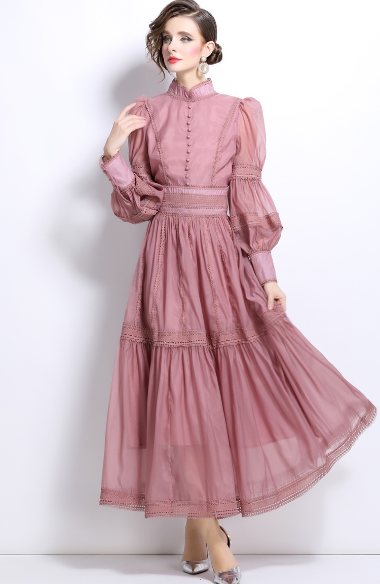 Organza autumn puff sleeve long pinched waist slim dress