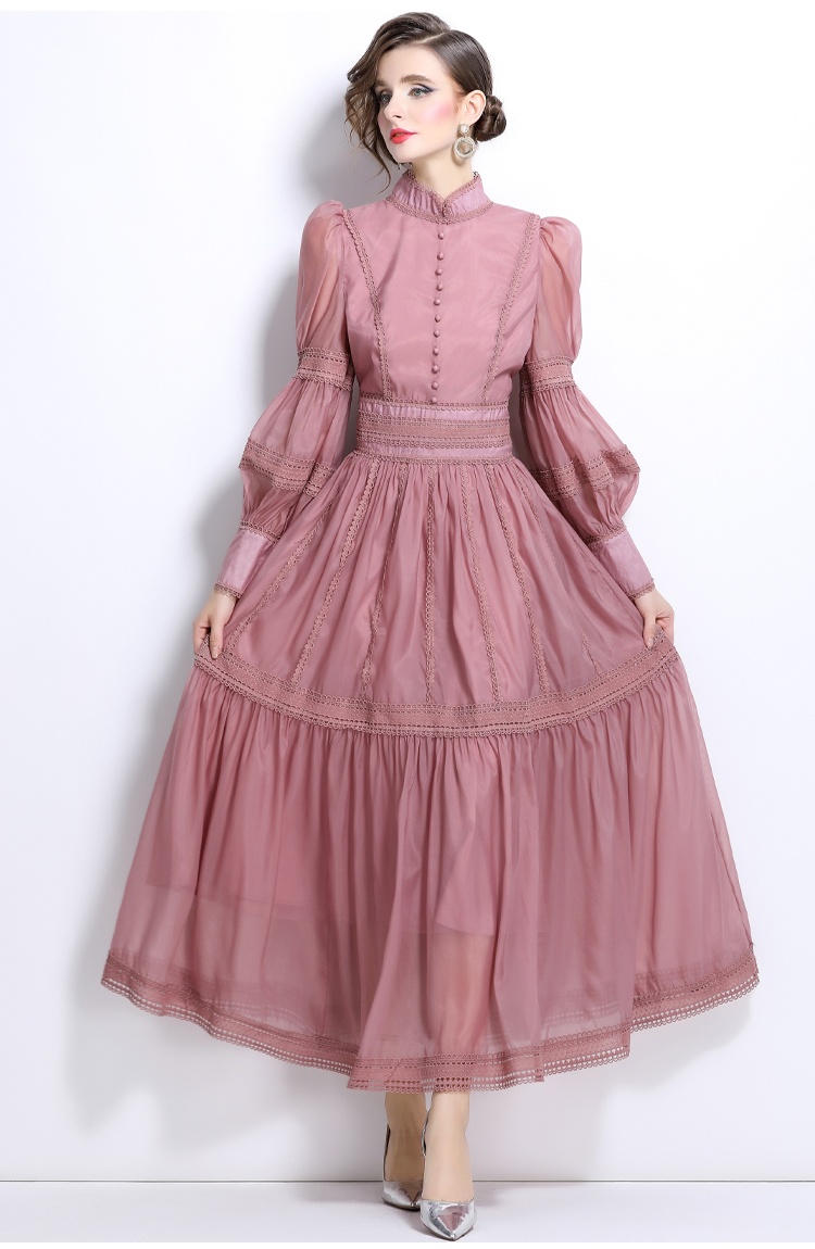 Organza autumn puff sleeve long pinched waist slim dress