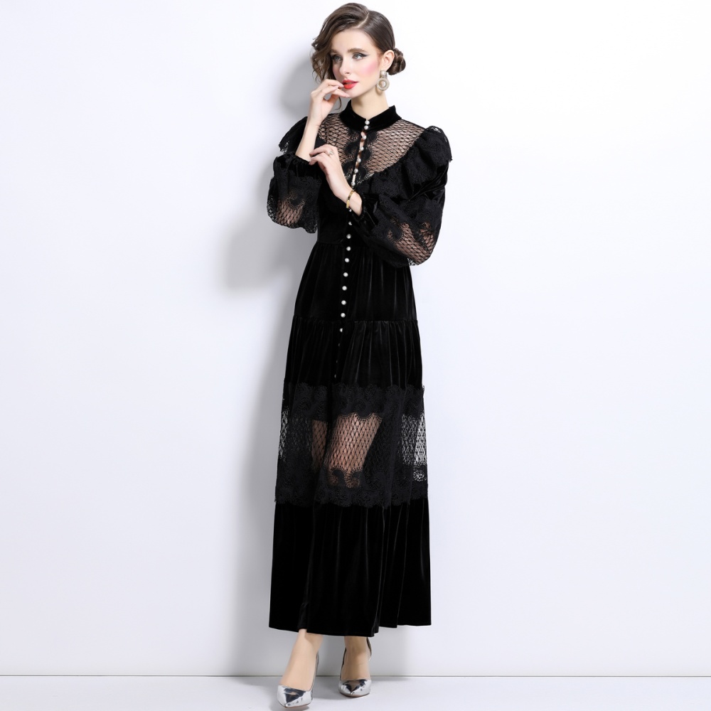 Pinched waist pearl buckle lace bandage velvet long dress