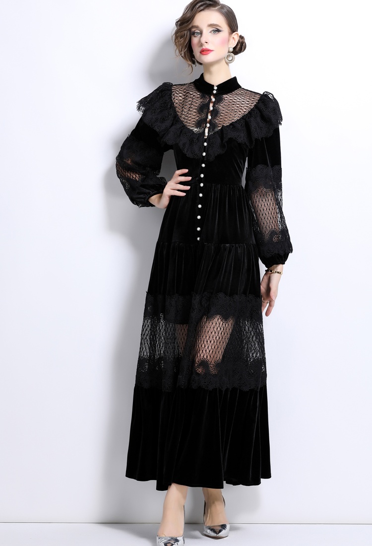 Pinched waist pearl buckle lace bandage velvet long dress