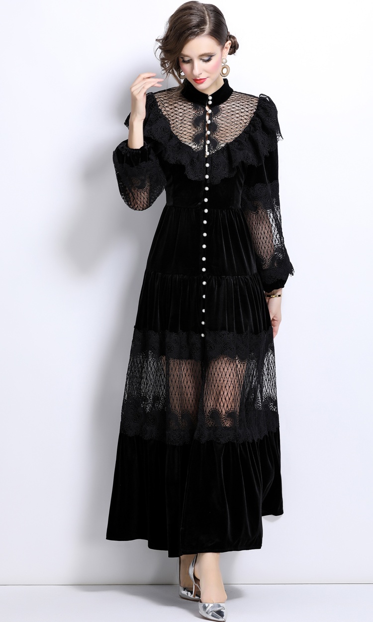 Pinched waist pearl buckle lace bandage velvet long dress