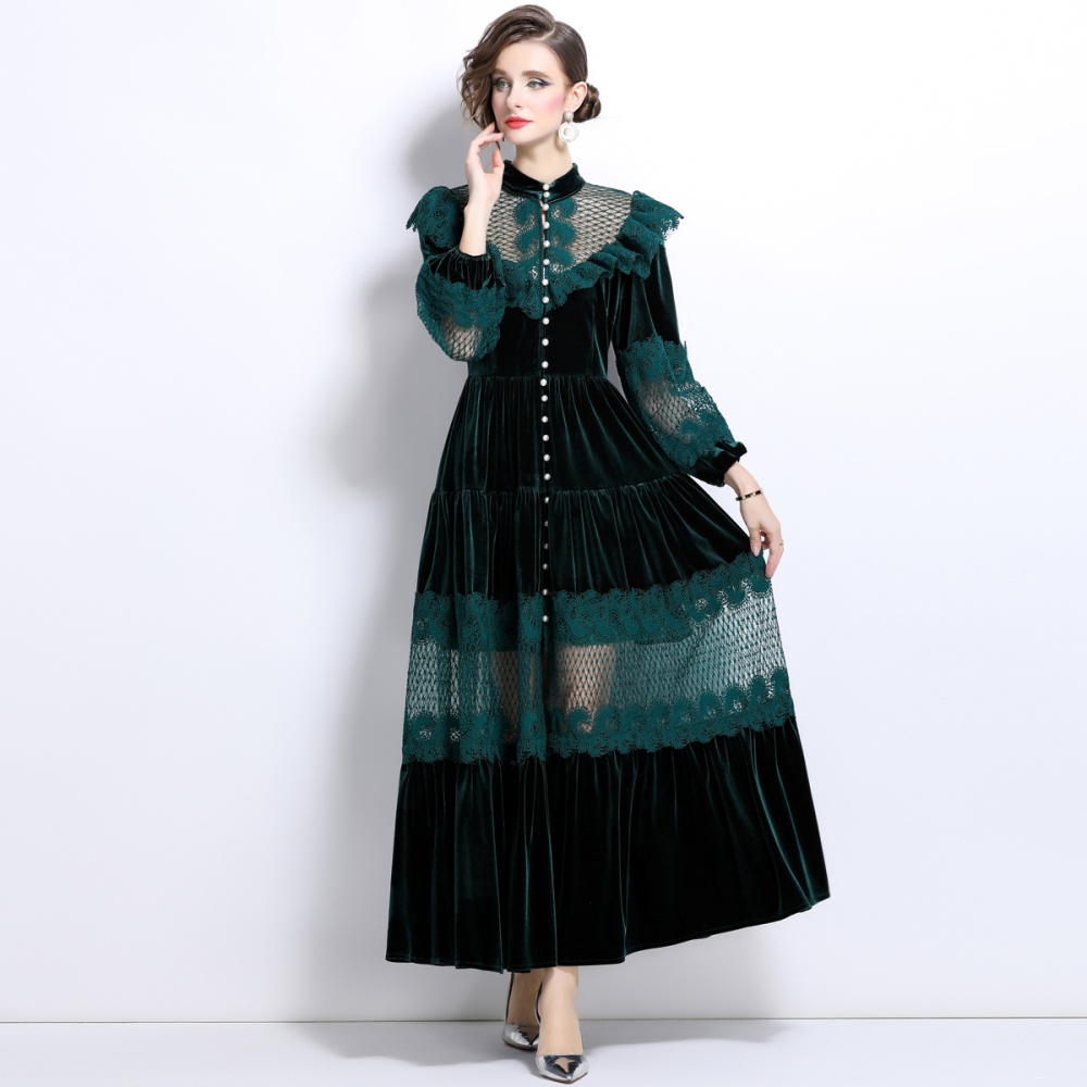 Big skirt lotus leaf edges velvet long dress