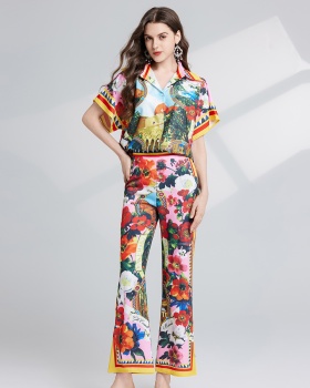 Slim printing flare pants high waist shirt 2pcs set