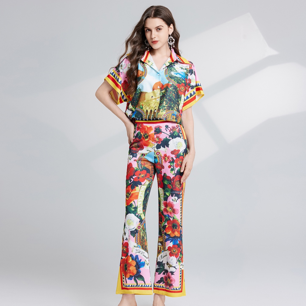 Slim printing flare pants high waist shirt 2pcs set