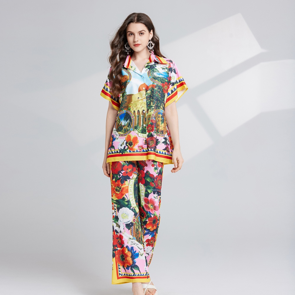 Slim printing flare pants high waist shirt 2pcs set