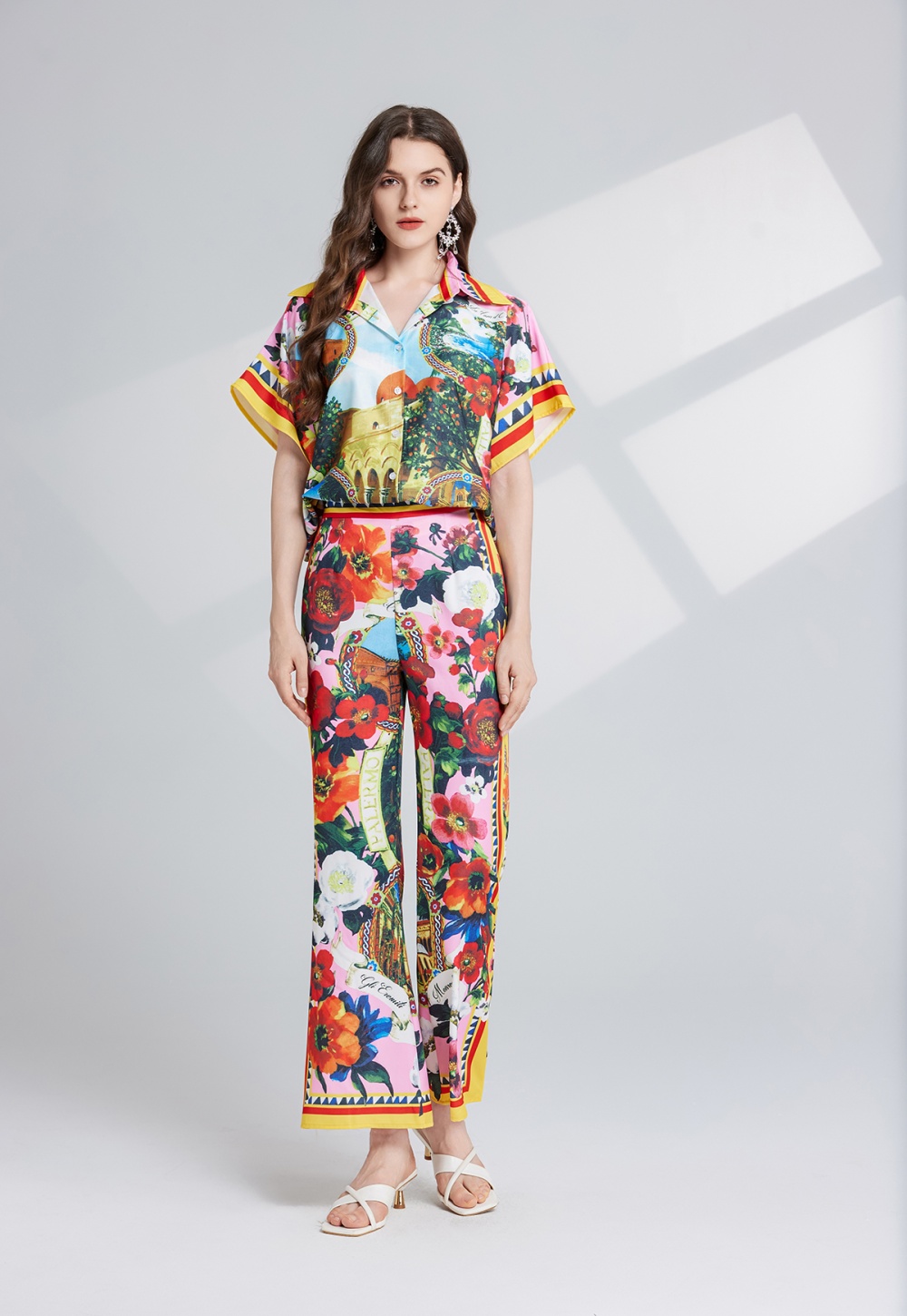 Slim printing flare pants high waist shirt 2pcs set