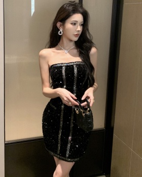 Sequins pinched waist formal dress wrapped chest dress