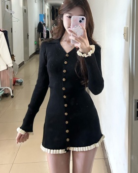 Knitted lace pit stripe dress lapel mixed colors tops