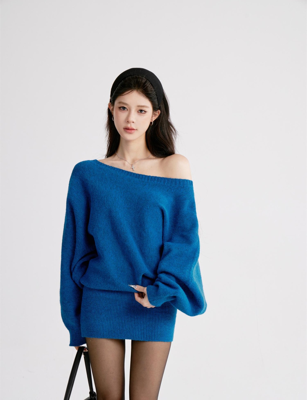 Temperament pinched waist autumn package hip slim sweater dress