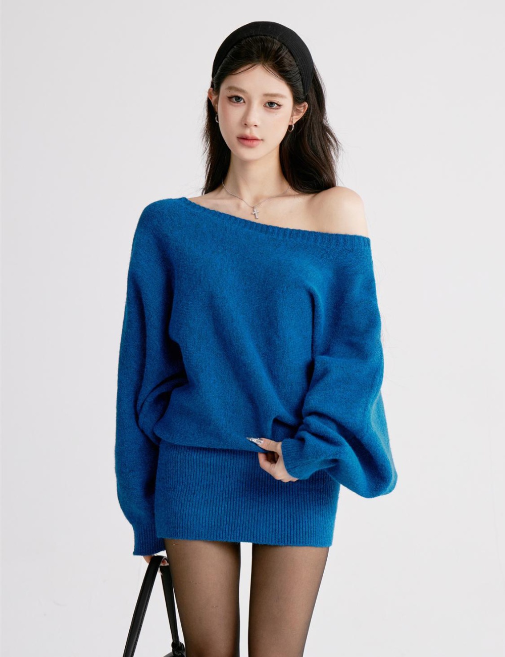 Temperament pinched waist autumn package hip slim sweater dress