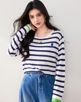 Stripe wool autumn T-shirt loose knitted tops for women