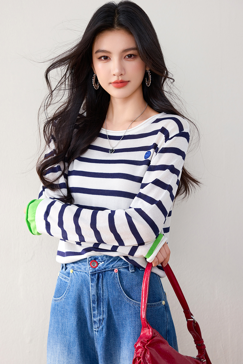 Stripe wool autumn T-shirt loose knitted tops for women