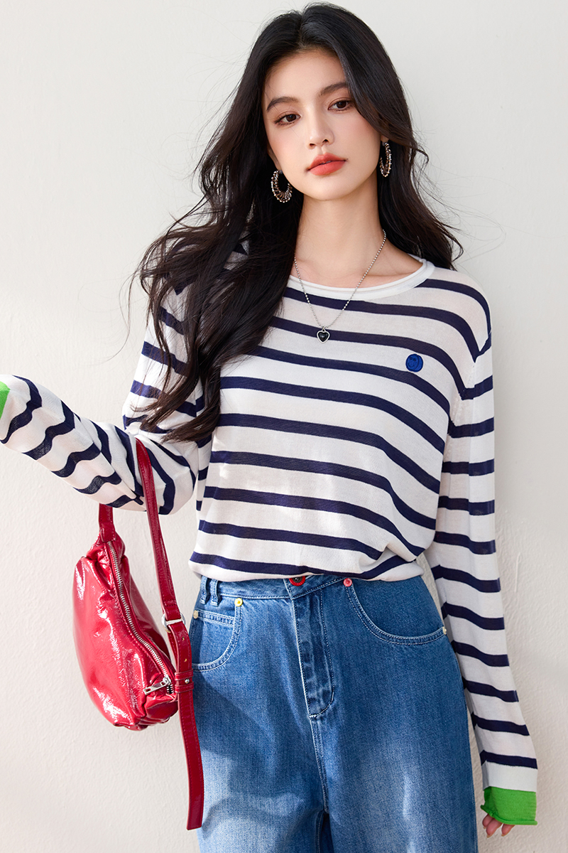 Stripe wool autumn T-shirt loose knitted tops for women