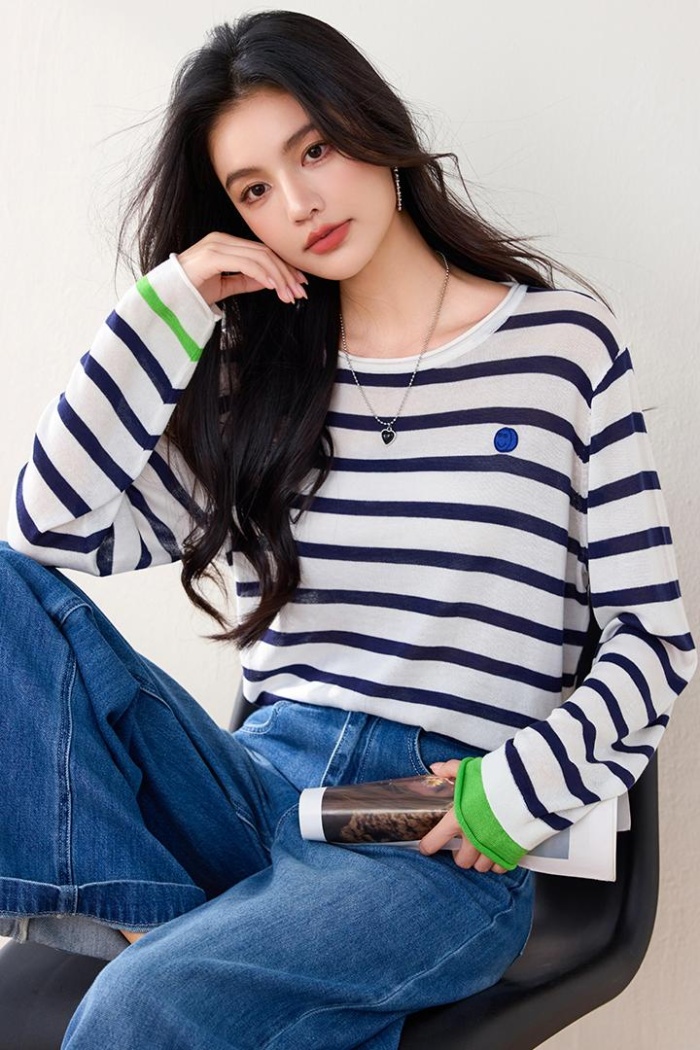 Stripe wool autumn T-shirt loose knitted tops for women