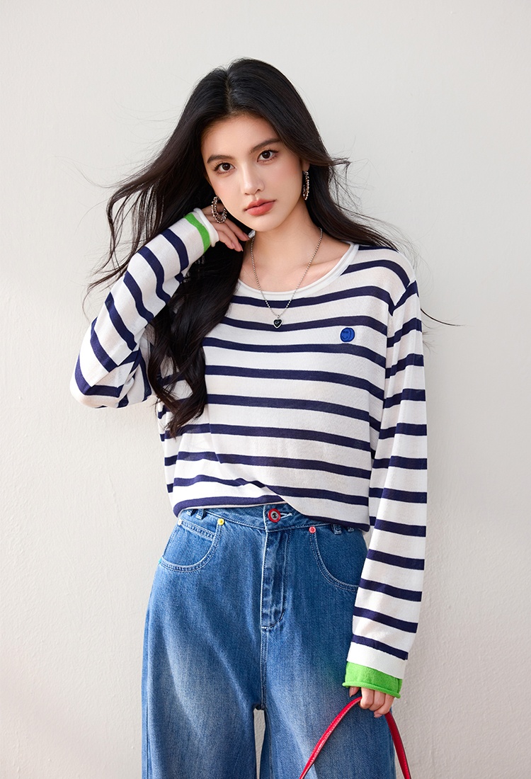 Stripe wool autumn T-shirt loose knitted tops for women