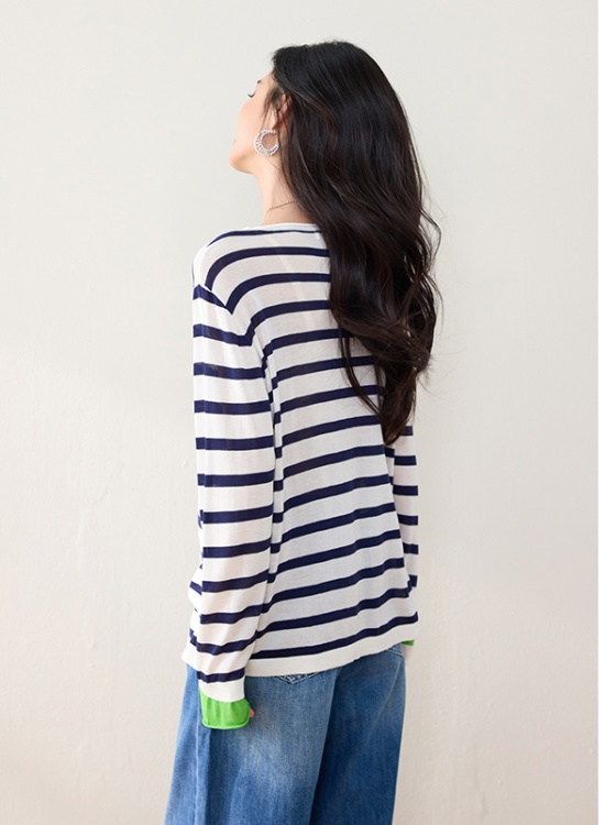 Stripe wool autumn T-shirt loose knitted tops for women