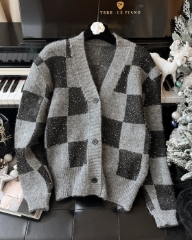 Plaid autumn lazy coat knitted sequins temperament cardigan