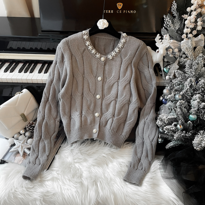 Round neck lace sweater winter coat for women