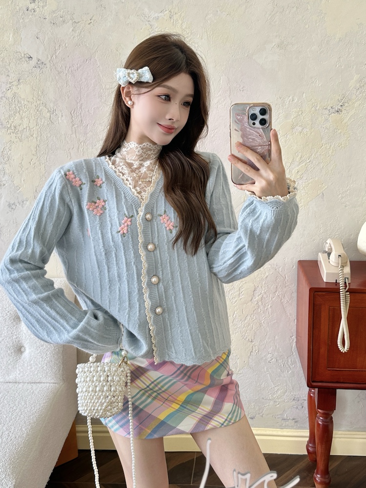 Autumn lace coat knitted splice tops for women