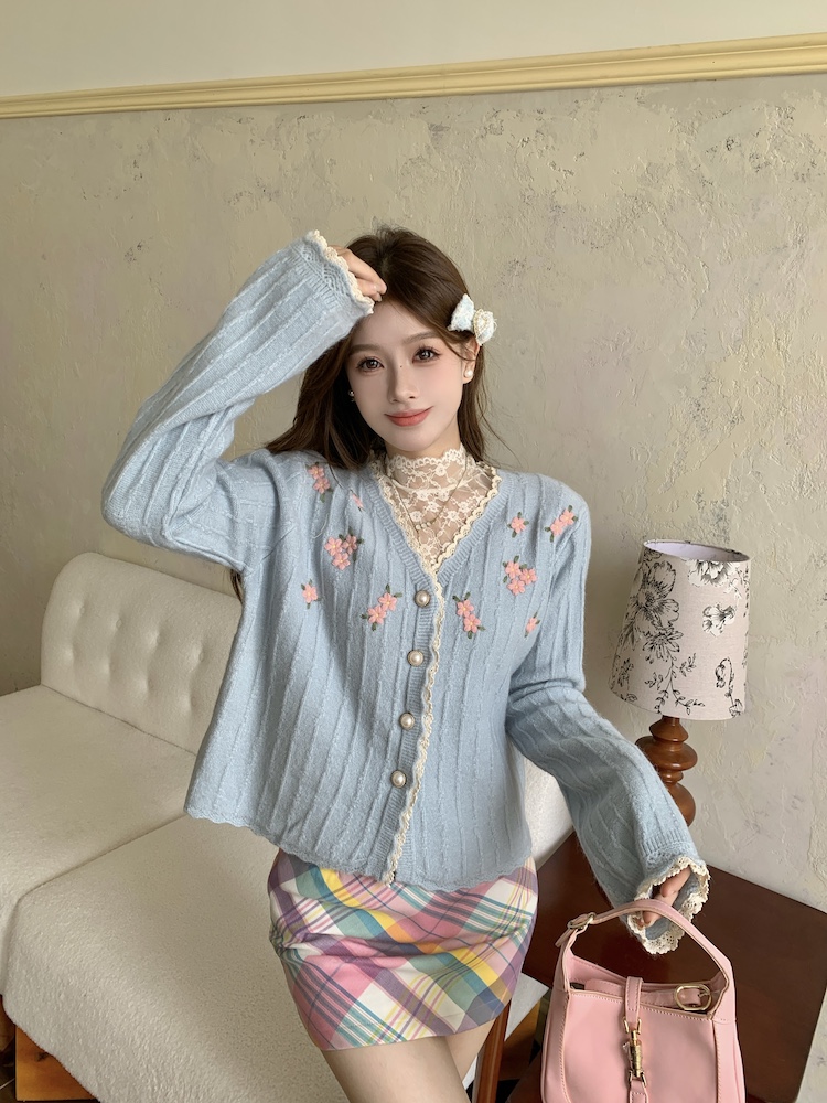 Autumn lace coat knitted splice tops for women