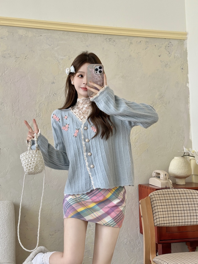 Autumn lace coat knitted splice tops for women