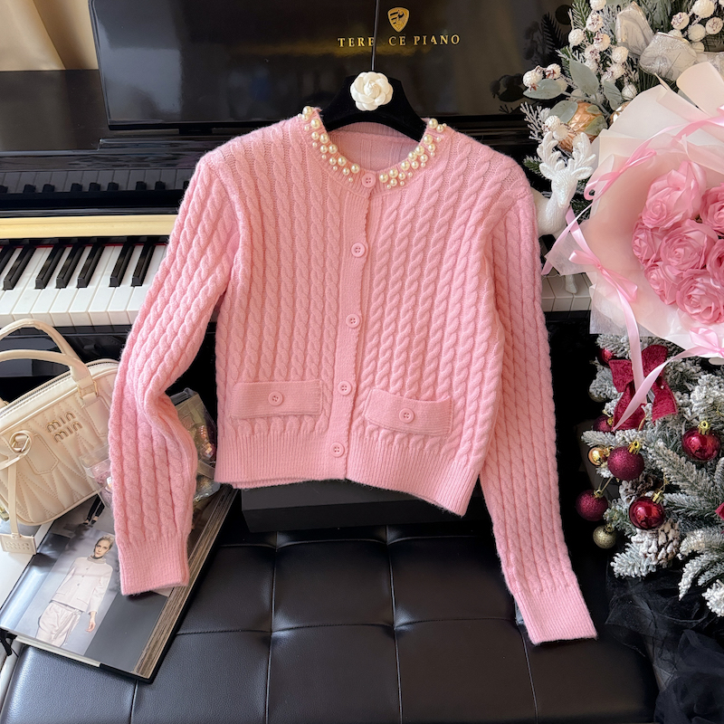 Chanelstyle knitted coat wool pearl collar tops for women