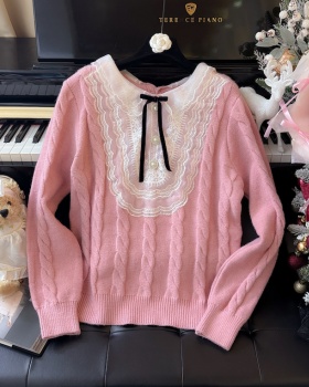 Lazy doll collar lace twist retro sweater