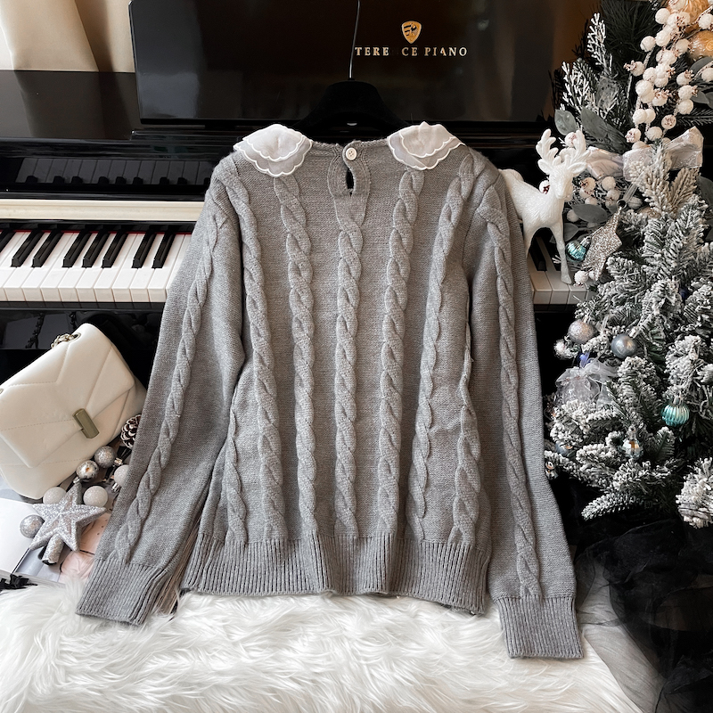 Lazy doll collar lace twist retro sweater