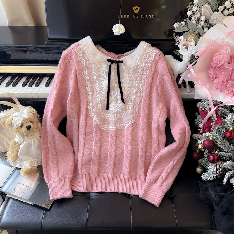 Lazy doll collar lace twist retro sweater