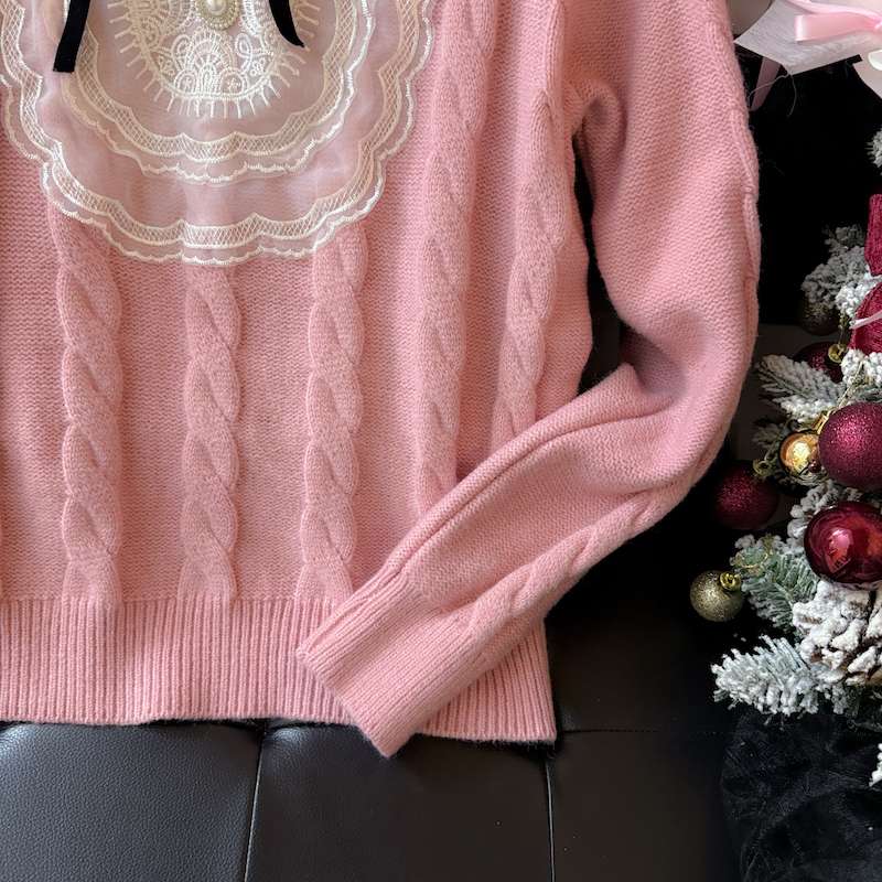 Lazy doll collar lace twist retro sweater