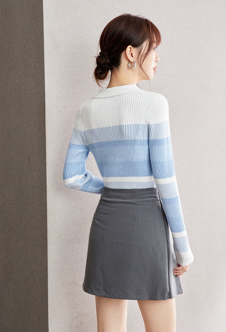 Stripe blue V-neck sweater temperament gradient tops