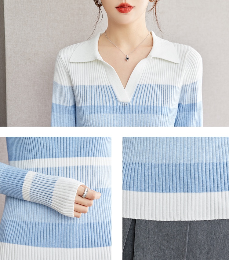 Stripe blue V-neck sweater temperament gradient tops