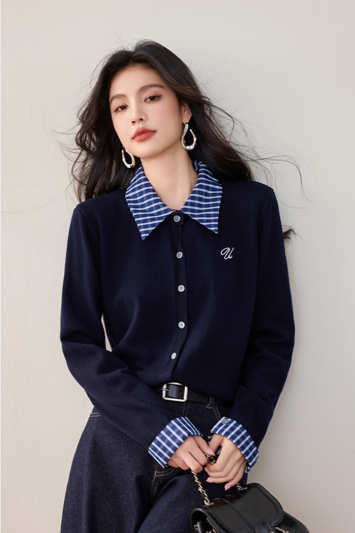 Autumn lapel cardigan Pseudo-two sweater for women