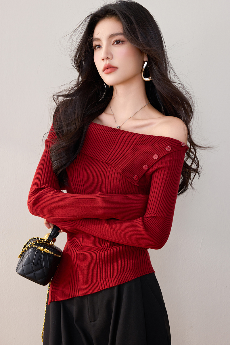 Red flat shoulder sweater sloping shoulder tops for women