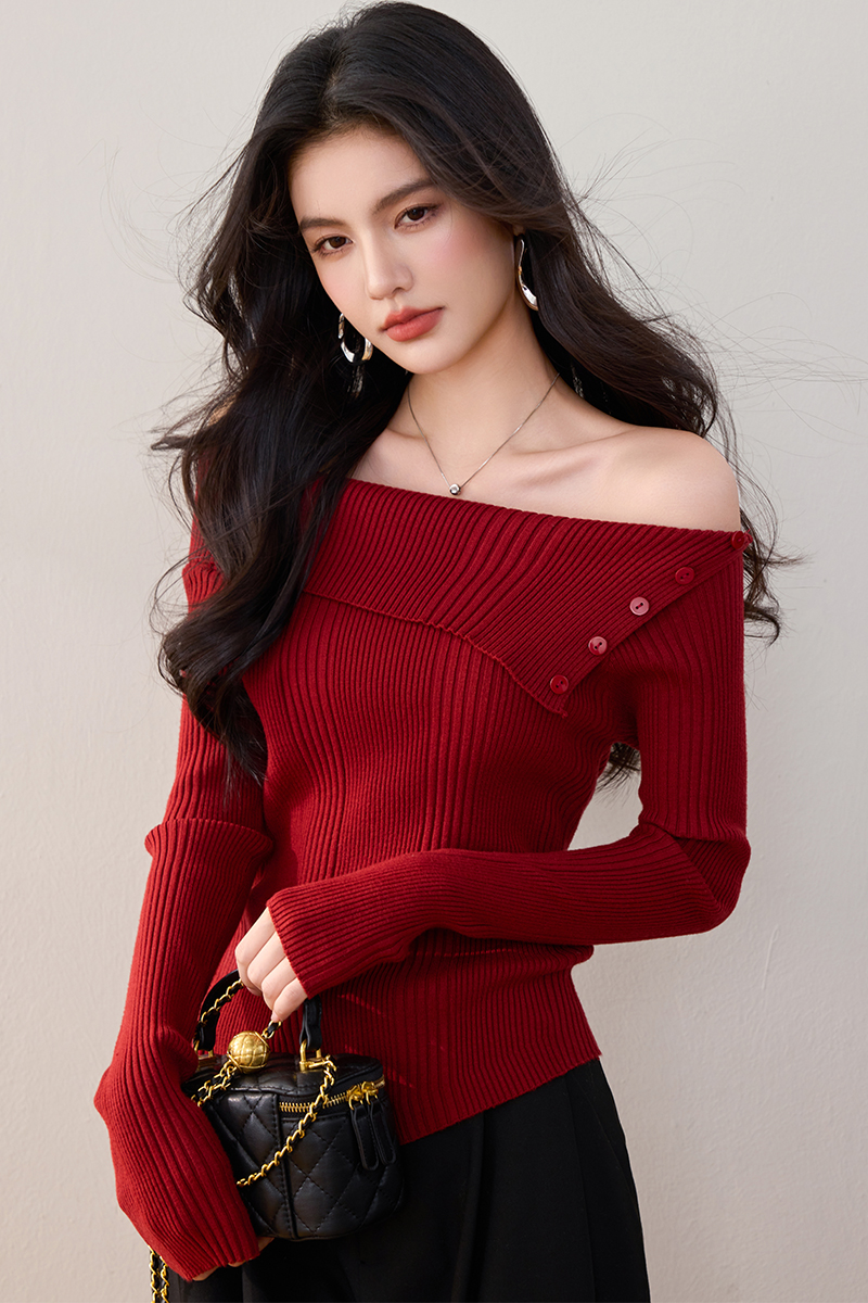 Red flat shoulder sweater sloping shoulder tops for women