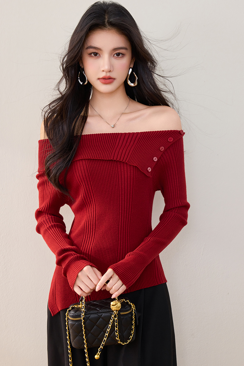 Red flat shoulder sweater sloping shoulder tops for women