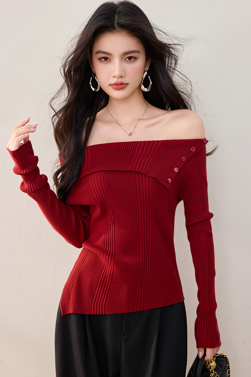 Red flat shoulder sweater sloping shoulder tops for women