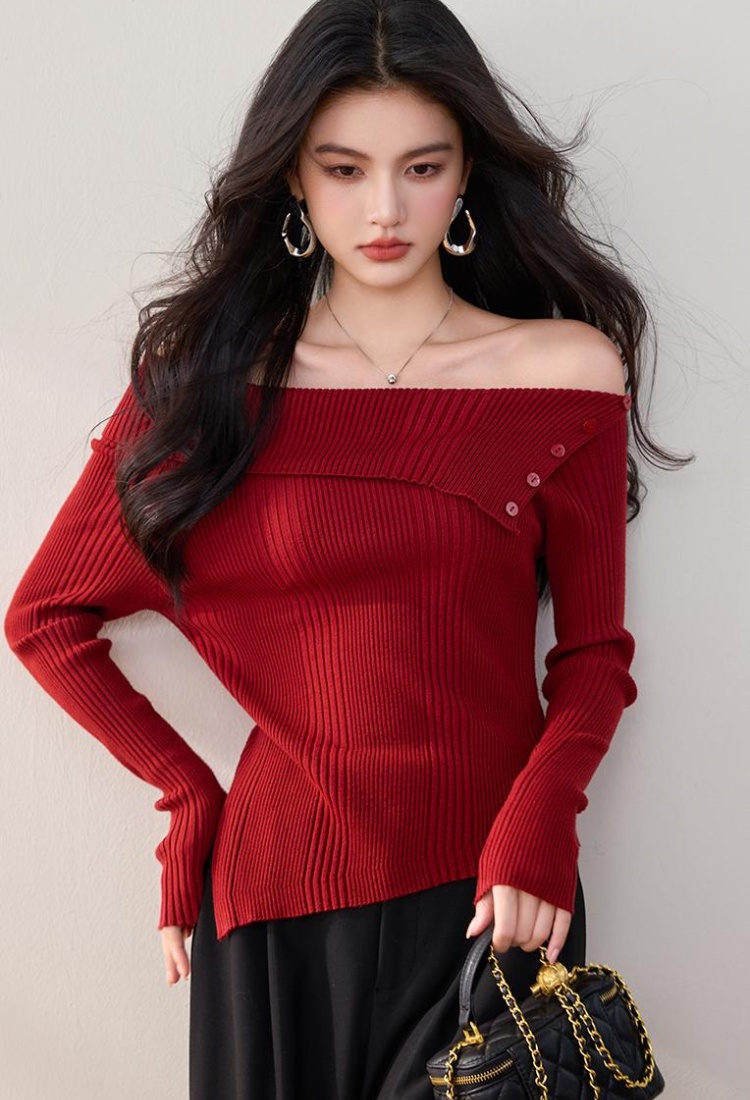 Red flat shoulder sweater sloping shoulder tops for women