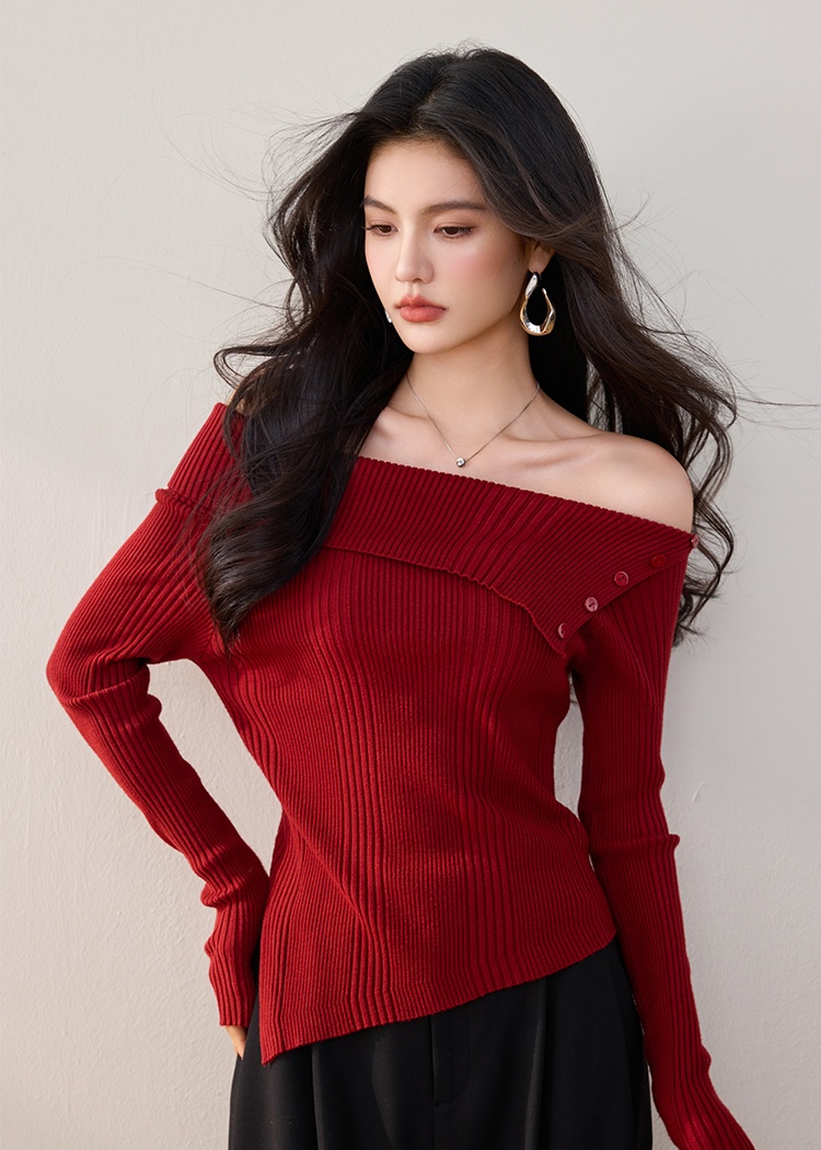 Red flat shoulder sweater sloping shoulder tops for women