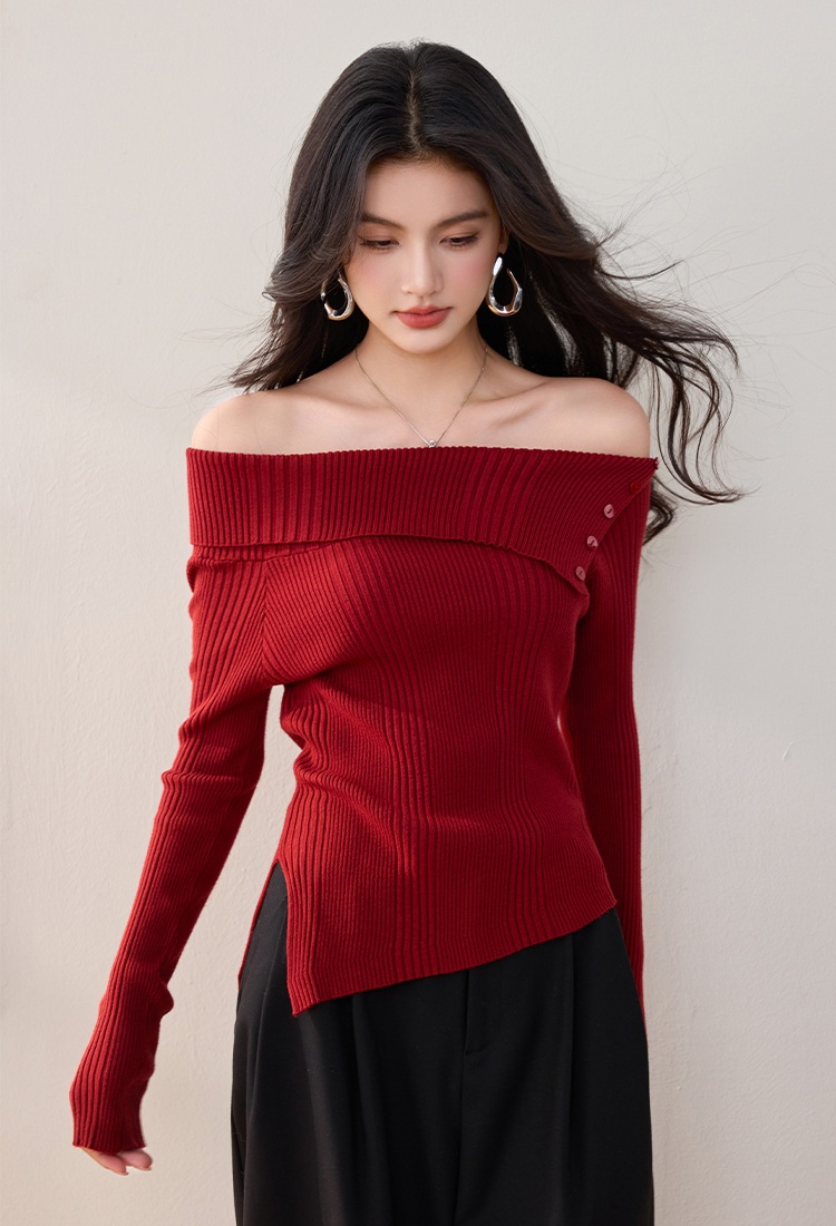 Red flat shoulder sweater sloping shoulder tops for women